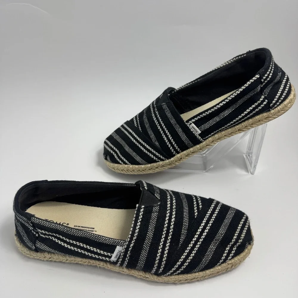 TOMS Alpargata Rope Espadrille Striped Black White Slip On Flats Women's 7.5